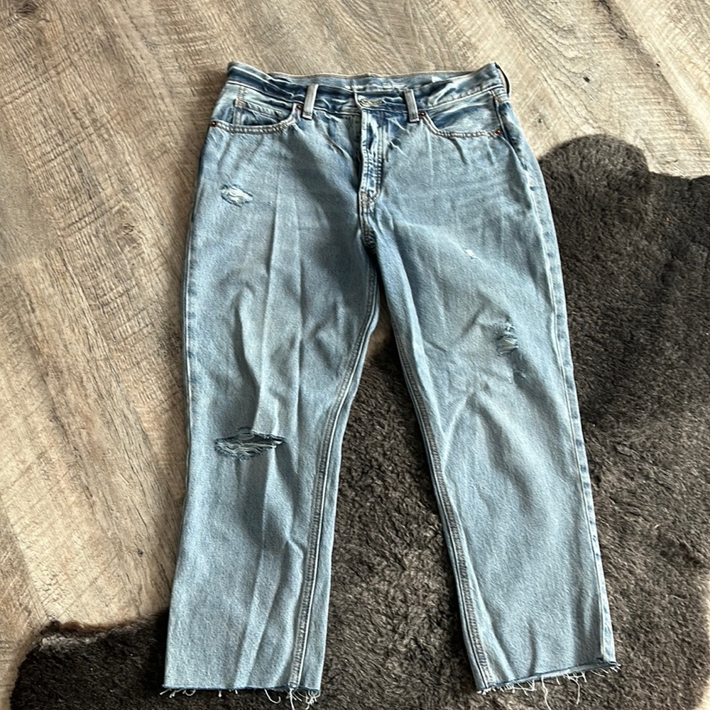 High-Waisted Button-Fly Slouchy Straight Ripped Cut-Off Jeans